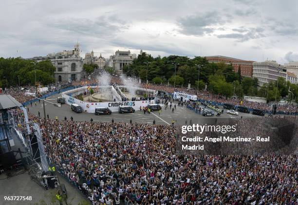 Real Madrid players celebrate at Cibeles Square a day after winning their 13th European Cup and UEFA Champions League Final on May 27, 2018 in...