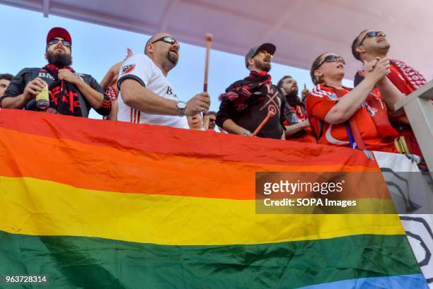 Pride flag seen during 2018 MLS Regular Season match between Toronto FC and FC Dallas at BMO Field .