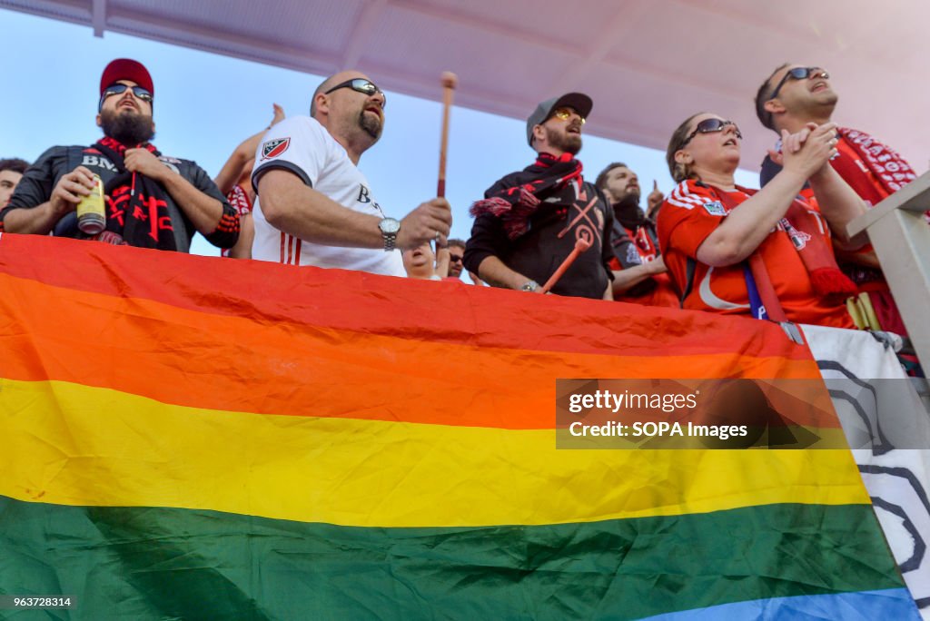 LGBT pride flag seen during 2018 MLS Regular Season match...