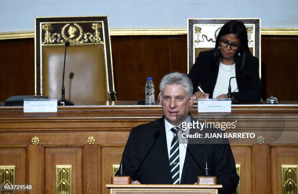 Cuban President Miguel Diaz-Canel delivers a speech before the Constituent Assembly, presided by Delcy Rodriguez , in Caracas on May 30, 2018. -...