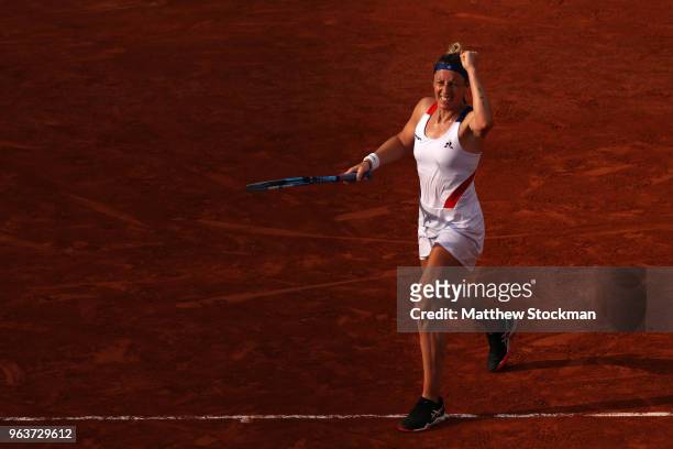 Pauline Parmentier of France celebrates during her ladies singles second round match against Aliz Cornet of France during day four of the 2018 French...