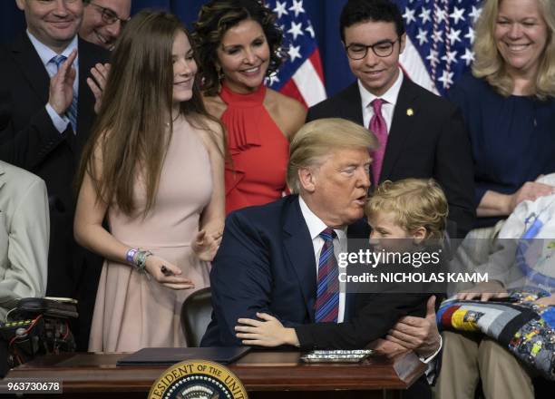 President Donald Trump hugs Jordan McLinn, who suffers from Duchenne Muscular Dystrophy , before signing the Right To Try Act, which allows...