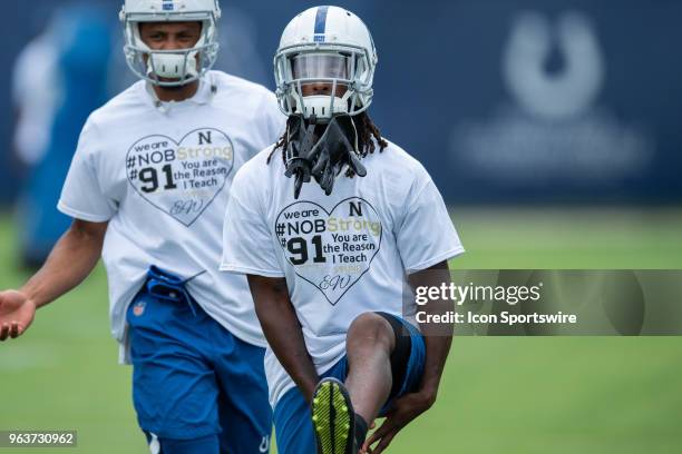 Indianapolis Colts wide receiver T.Y. Hilton wears a shirt honoring Noblesville West Middle School science teacher Jason Seaman during the...