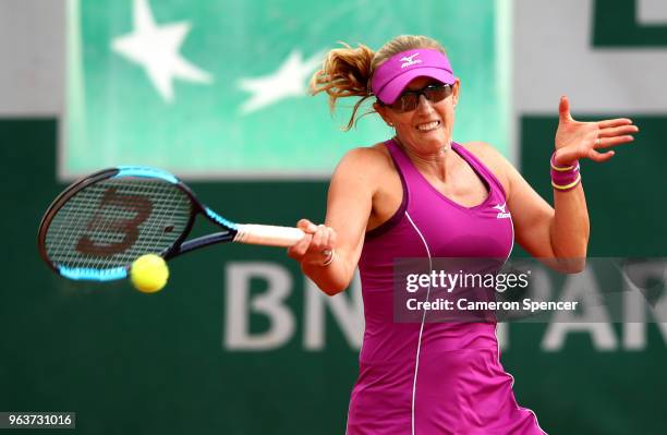 Anastasia Rodionova of Australia, partner of Nadiia Kichenok of Ukraine plays a forehand during the ladies doubles first round match against Many...