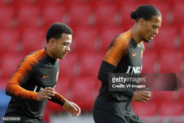 Memphis Depay of Holland, Virgil van Dijk of Holland during a training session prior to the International friendly match between Slovakia and The...