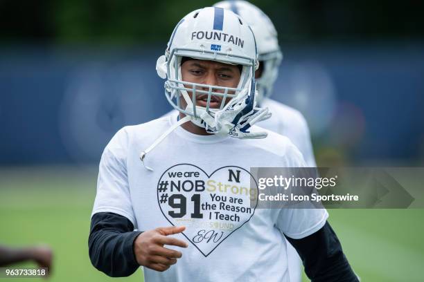 Indianapolis Colts wide receiver Reece Fountain wears a shirt honoring Noblesville West Middle School science teacher Jason Seaman during the...