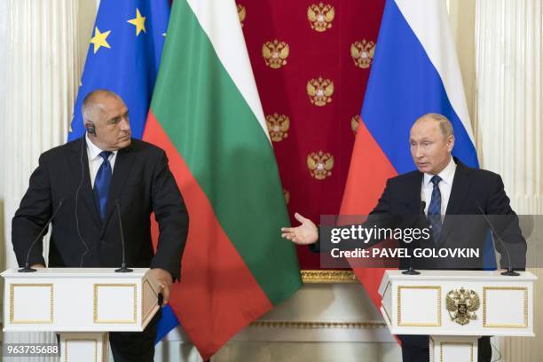 Russian President Vladimir Putin and Bulgarian Prime Minister Boyko Borissov attend a joint presss conference following their talks in the Kremlin in...