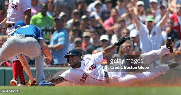 Boston Red Sox player Jackie Bradley Jr. Is tagged out at the plate by Toronto starting pitcher Sam Gaviglio as he tries to score from third base...