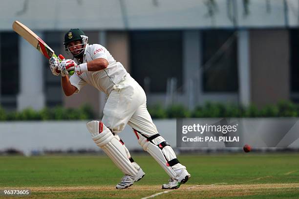 South African cricketer Jacques Kallis plays a shot during his 63 runs knock on the second day of the two-day warmup match against Board President XI...