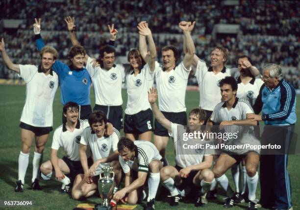 West Germany players celebrate after the UEFA Euro 1980 Final between Belgium and West Germany at the Stadio Olympico on June 22, 1980 in Rome,...