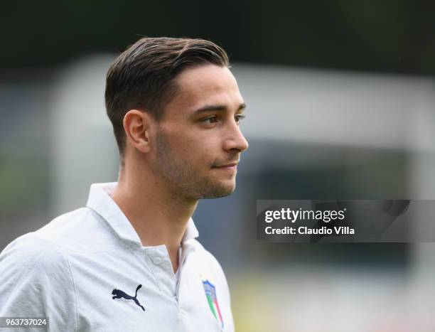 Mattia De Sciglio of Italy looks on prior to the training session at Centro Tecnico Federale di Coverciano on May 30, 2018 in Florence, Italy.