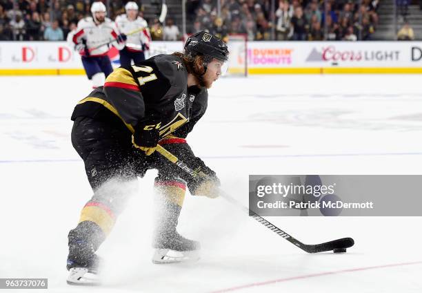 Cody Eakin of the Vegas Golden Knights plays the puck during the third period of Game One of the 2018 NHL Stanley Cup Final against the Washington...