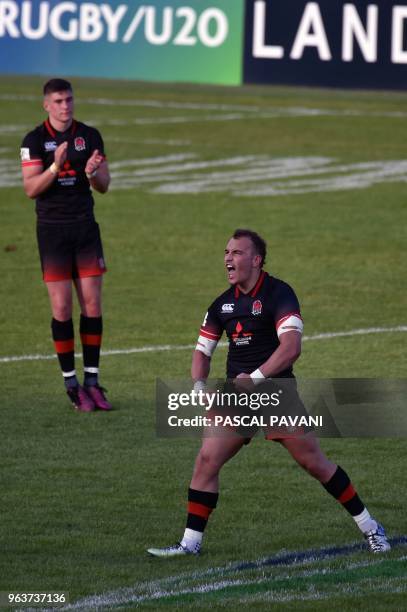 England fly half Tom Hardwick reacts after a penalty kick during the U20 World Rugby Championship match between England and Argentina at Parc des...