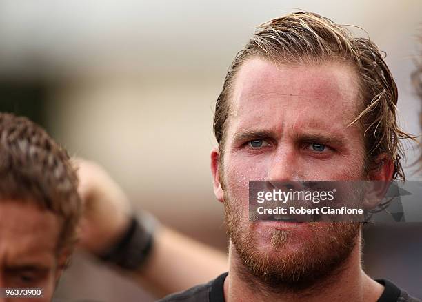 Andrew Welsh of the Bombers looks on at the break during an Essendon Bombers intra-club AFL match at Deakin Oval on February 3, 2010 in Shepparton,...