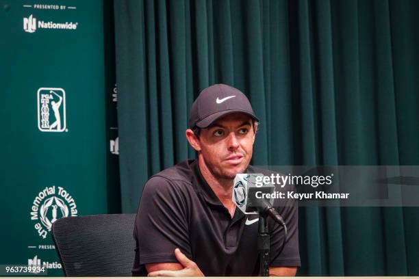 Rory McIlroy of Northern Ireland speaks during a press conference prior to the Memorial Tournament presented by Nationwide at Muirfield Village Golf...