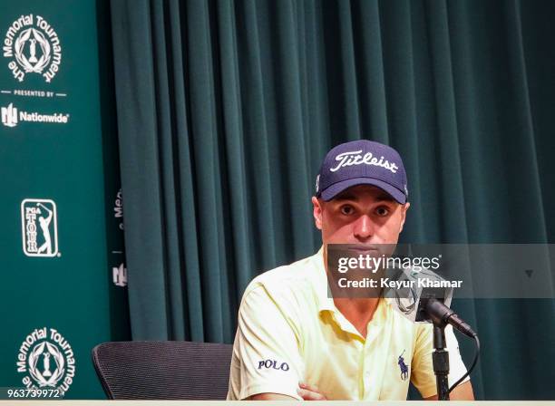 Justin Thomas speaks during a press conference prior to the Memorial Tournament presented by Nationwide at Muirfield Village Golf Club on May 30,...