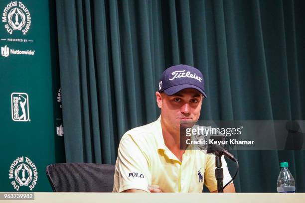Justin Thomas smiles during a press conference prior to the Memorial Tournament presented by Nationwide at Muirfield Village Golf Club on May 30,...