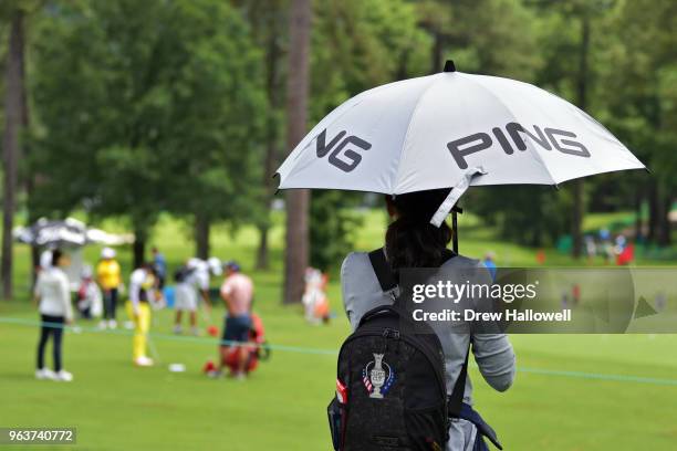 Fan looks on as players warmup during a practice round prior to the 2018 U.S. Women's Open at Shoal Creek on May 30, 2018 in Shoal Creek, Alabama.