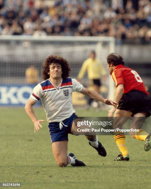 Kevin Keegan of England with Wilfried van Moer of Belgium during a UEFA Euro 1980 group game at the Stadio Olimpico Grande Torino on June 12, 1980 in...