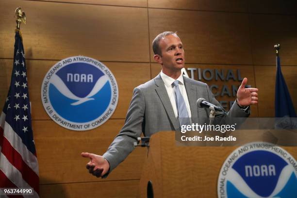 Brock Long, FEMA's director, speaks to the media during a visit to the National Hurricane Center on May 30, 2018 in Miami, Florida. Mr. Long urged...