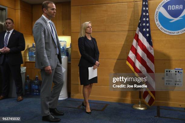 Kirstjen Nielsen , the U.S. Homeland Security Secretary, and Brock Long, FEMA's director, visit the National Hurricane Center on May 30, 2018 in...