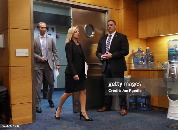 Kirstjen Nielsen , the U.S. Homeland Security Secretary, and Brock Long, FEMA's director, visit the National Hurricane Center on May 30, 2018 in...