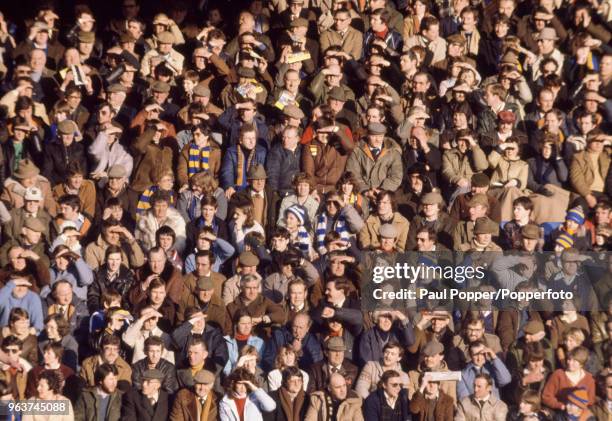 The crowd look on during the FA Cup 5th Round match between Shrewsbury Town and Ipswich Town at Gay Meadow on February 13, 1982 in Shrewsbury,...