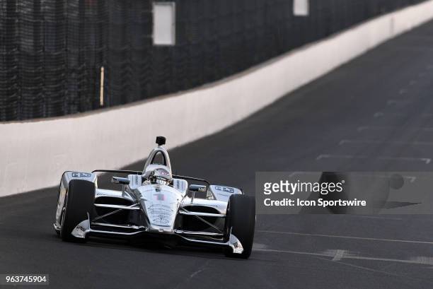 Josef Newgarden, driver of the Team Penske Chevrolet, works his way down the front stretch during qualifying for the Indianapolis 500 on May 20 at...