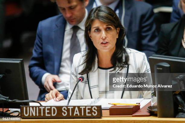 United States Ambassador to the United Nations Nikki Haley speaks during a UN Security Council emergency session on Israel-Gaza conflict at United...