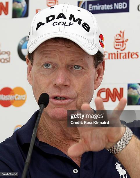 Tom Watson of the USA during his press conference prior to the Omega Dubai Desert Classic on the Majlis Course at the Emirates Golf Club on February...