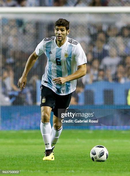 Federico Fazio of Argentina drives the ball during an international friendly match between Argentina and Haiti at Alberto J. Armando Stadium on May...