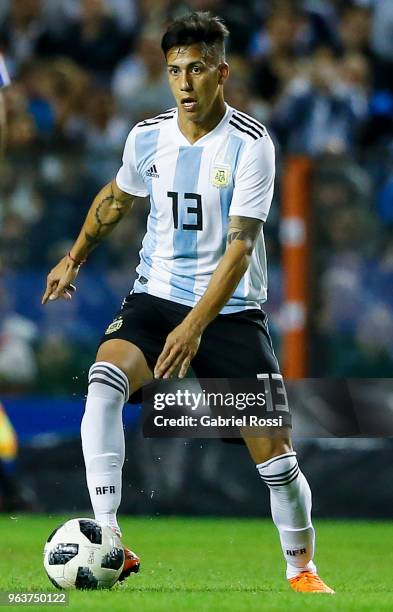 Maximiliano Meza of Argentina drives the ball during an international friendly match between Argentina and Haiti at Alberto J. Armando Stadium on May...