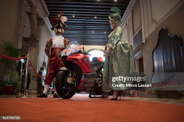 The Ducati bike of Jorge Lorenzo of Spain with the Venetian Masks in Venice Casino' during the event "Jorge Lorenzo Filming In Venice To Promote...