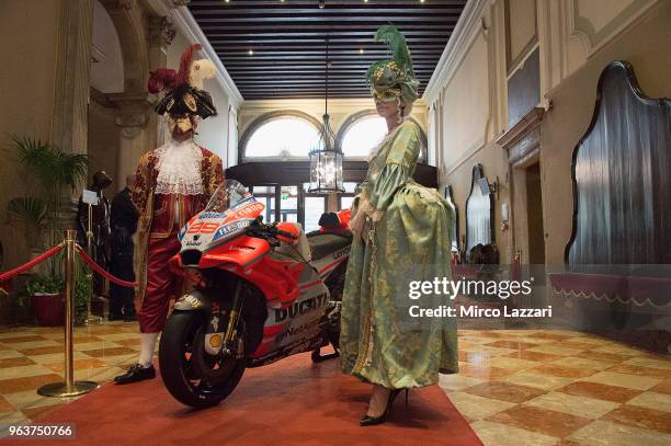 The Ducati bike of Jorge Lorenzo of Spain with the Venetian Masks in Venice Casino' during the event "Jorge Lorenzo Filming In Venice To Promote...