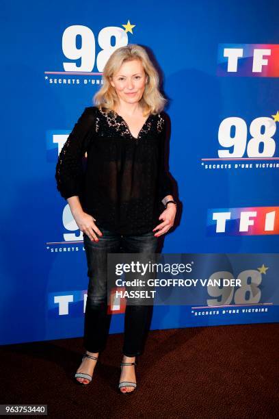 French Ligue de football professionnel's president Nathalie Boy de La Tour poses as she arrives to attend the premiere of the television documentary...