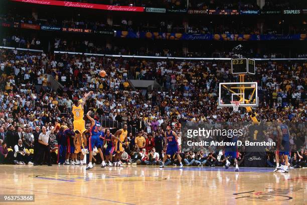Kobe Bryant of the Los Angeles Lakers shoots the ball to tie the game over Richard Hamilton of the Detroit Pistons in Game two of the 2004 NBA Finals...