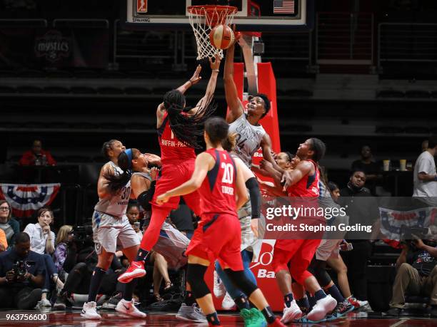 Tierra Ruffin-Pratt of the Washington Mystics shoots the ball against Sylvia Fowles of the Minnesota Lynx during the game between the two teams on...