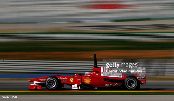 Fernando Alonso of Ferrari and Spain drives his car during winter testing at the Ricardo Tormo Circuit on February 3, 2010 in Valencia, Spain.