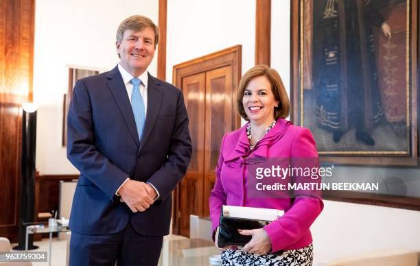 King of The Netherlands Willem-Alexander receives Prime Minister Evelyna Christina Wever-Croes from Aruba at Noordeinde Palace in The Hague on May...