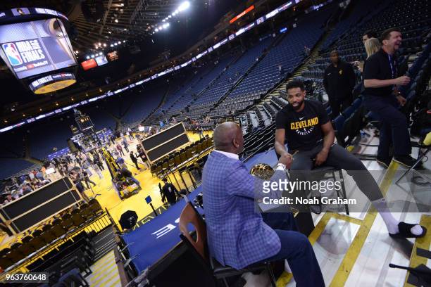Legend Gary Payton speaks to Tristan Thompson of the Cleveland Cavaliers during practice and media availability as part of the 2018 NBA Finals on MAY...