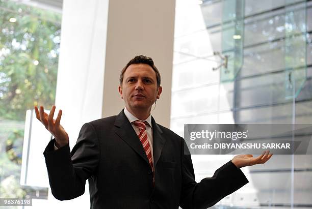 India President Peter Kronschnabl gives a press conference in Bangalore on February 3, 2010. The company announced its launch of the 100-car limited...