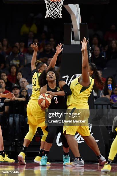 Kelsey Bone of the Las Vegas Aces shoots the ball against the Seattle Storm on May 27, 2018 at the Mandalay Bay Events Center in Las Vegas, Nevada....