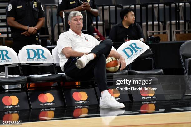 Bill Laimbeer of the Las Vegas Aces looks on prior to the game against the Seattle Storm in a WNBA game on May 27, 2018 at the Mandalay Bay Events...