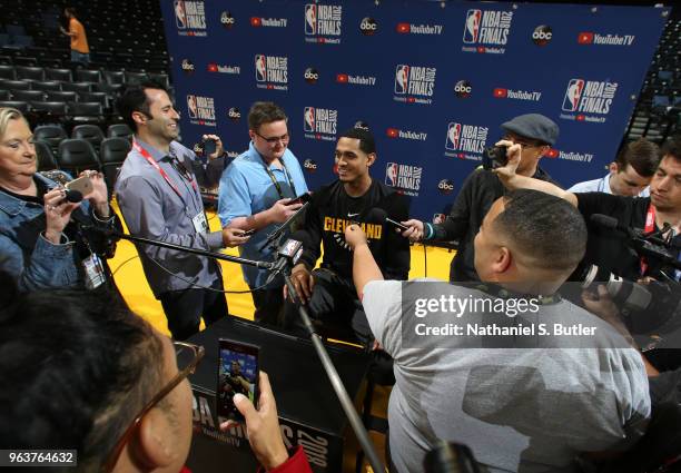 Jordan Clarkson of the Cleveland Cavaliers addresses the media during practice and media availability as part of the 2018 NBA Finals on May 30, 2018...