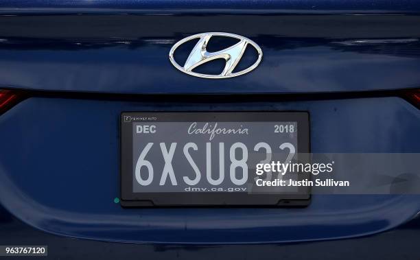 Digital license plate made by Bay Area company Reviver Auto, part of a pilot project with the state Department of Motor Vehicles, is displayed on...