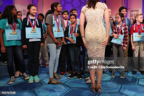 The 41 finalists gather for a photograph at the third day of the 91st Scripps National Spelling Bee at the Gaylord National Resort and Convention...