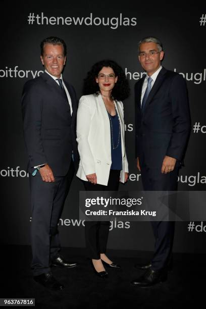 Henning Kreke, Tina Mueller, CEO Douglas and Michael Rauch, CFO Douglas during the Douglas X Peter Lindbergh campaign launch at ewerk on May 30, 2018...