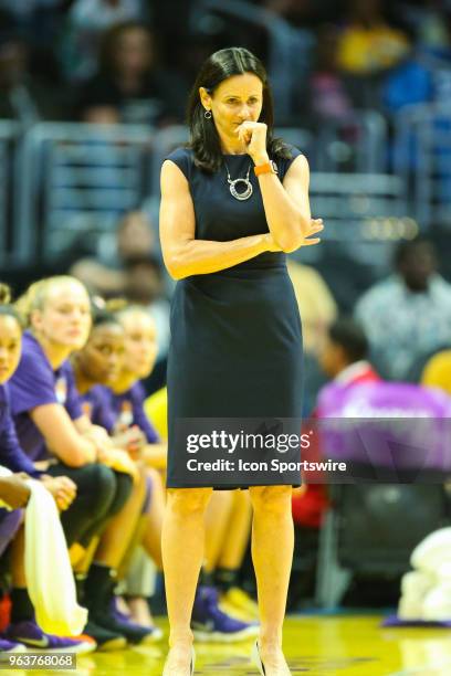 Phoenix Mercury Head Coach Sandy Brondello during a WNBA game between the Los Angeles Sparks and the Phoenix Mercury, on May 27 at Staples Center, in...