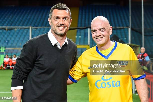 Former football player and coach of the Singer National team Paolo Maldini and Gianni Infantino during the 'Partita Del Cuore' Charity Match at...