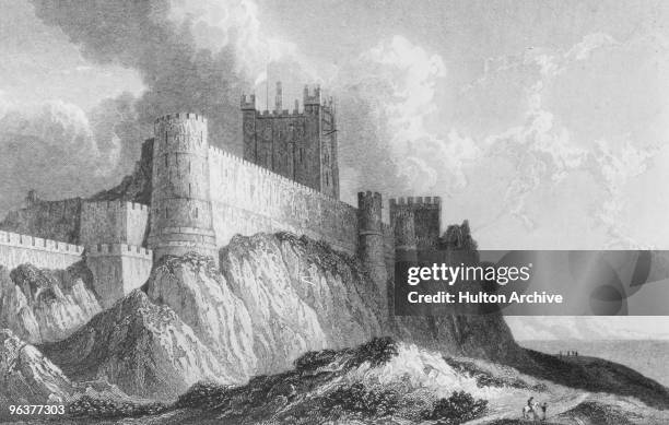 Bamburgh Castle in Northumberland, circa 1830. Engraving by Edward Finden from a drawing by William Westall.